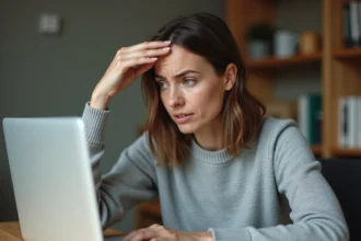 Femme frustrée devant un formulaire en ligne de désinscription France Travail sur son ordinateur portable