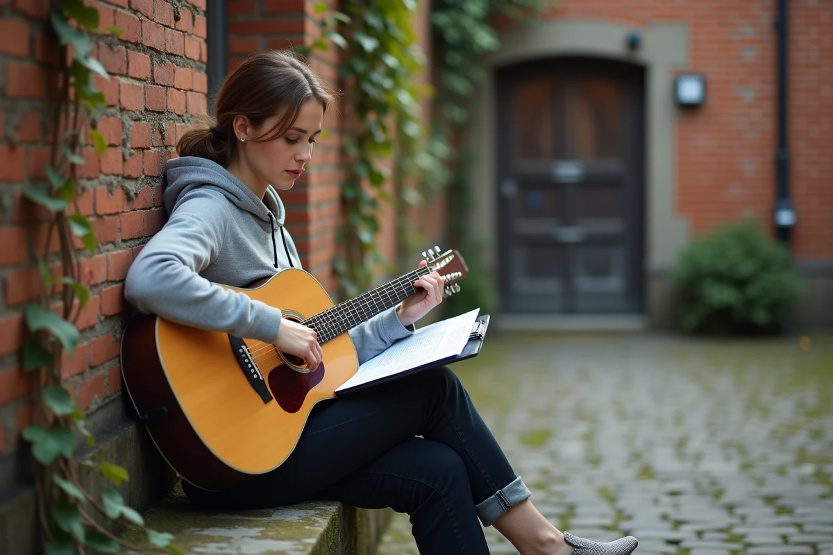 Femme guitariste en extérieur dans une cour pavée révisant une grille d'accords de chanson française sur une guitare acoustique