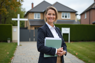 Femme en tenue chic devant une maison à vendre