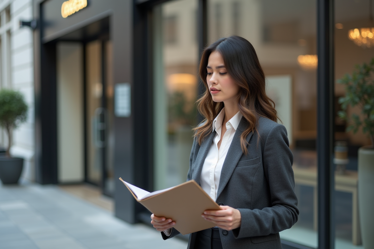 Femme regardant une annonce immobilière en ville