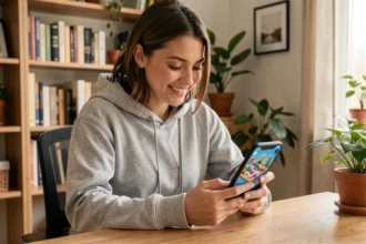 Jeune femme souriante jouant à un jeu de société mobile sur smartphone pour obtenir des dés gratuits dans Monopoly GO