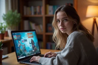 Jeune femme jouant aux Sims 4 sur un ordinateur portable dans un bureau à domicile moderne