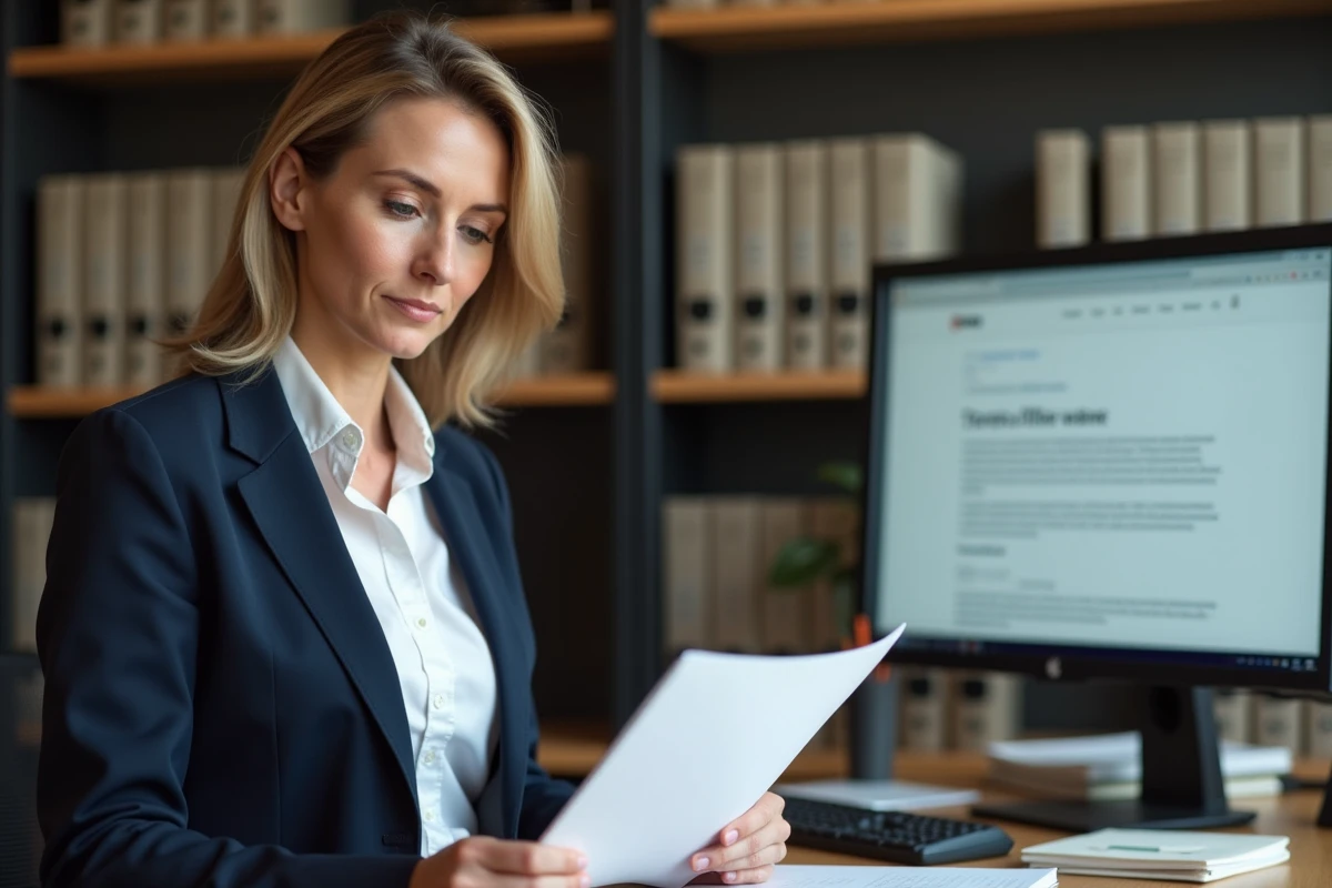 Femme lisant un document dans un bureau moderne