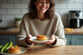 Femme souriante tenant un beignet de courgette doré