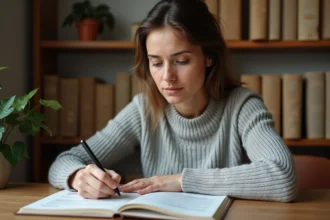 Femme écrivant des notes à la main dans un cahier ouvert, mémorisant les règles d'orthographe pour bien écrire en français