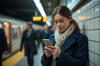 Femme consultant les notifications RATP sur son smartphone dans le métro parisien