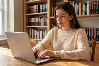 Femme en pull beige tapant sur un ordinateur portable dans un bureau à domicile entouré de livres de grammaire française