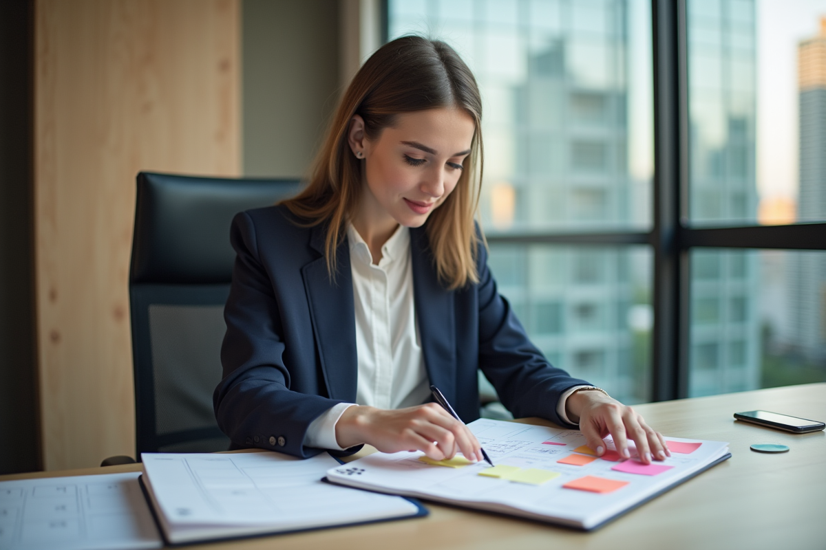 Jeune femme professionnelle organise des notes sur un planner