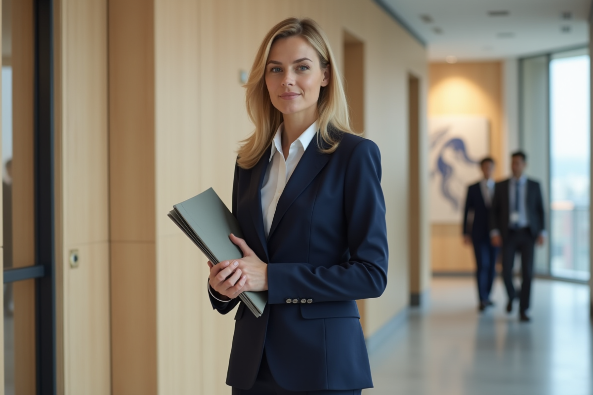 Femme confiante en tailleur navy dans un couloir moderne