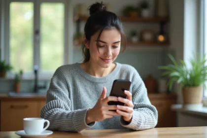 Femme consultant les paramètres téléphoniques pour gérer l'indicatif 34 sur son smartphone Android