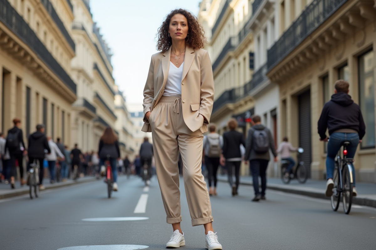 Femme élégante en blazer beige dans une rue parisienne