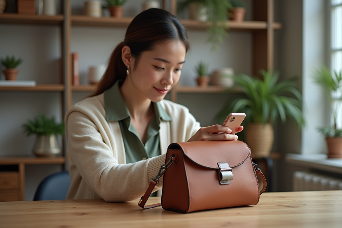 Femme photographiant un sac à main dans une maison