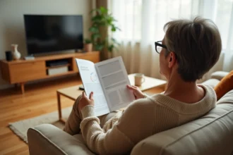Femme d'une quarantaine d'années consultant le programme TV de l'après-midi avec un guide télévision sur son canapé