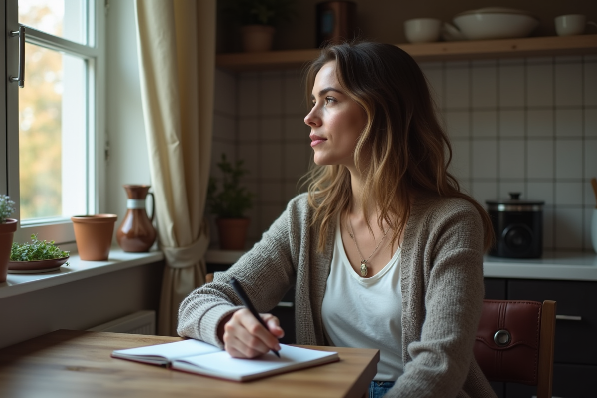 Femme pensant dans sa cuisine chaleureuse