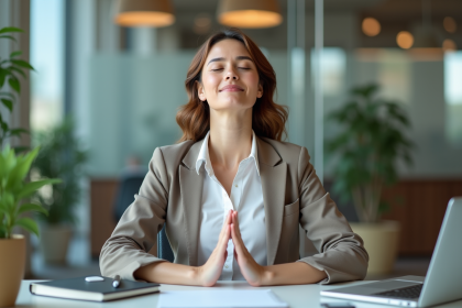 Femme d'âge moyen en tenue professionnelle pratique la respiration profonde