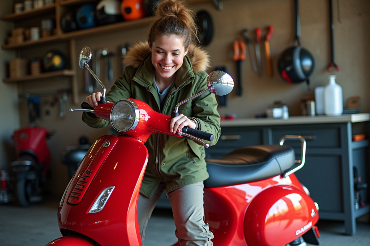 Femme attachant un miroir sur son scooter dans un garage