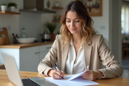 Femme signant des papiers dans une cuisine lumineuse