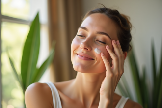 Femme souriante appliquant un serum vitamine B3 visage