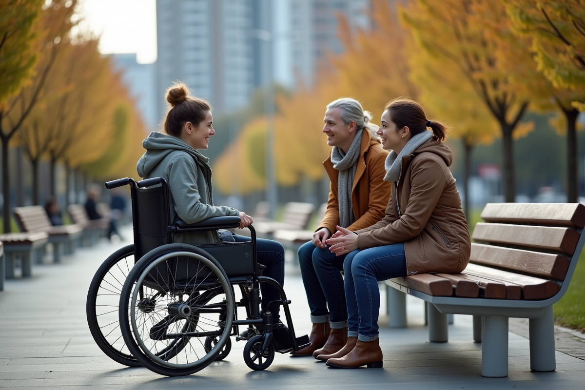 Jeune femme en fauteuil dans un parc urbain