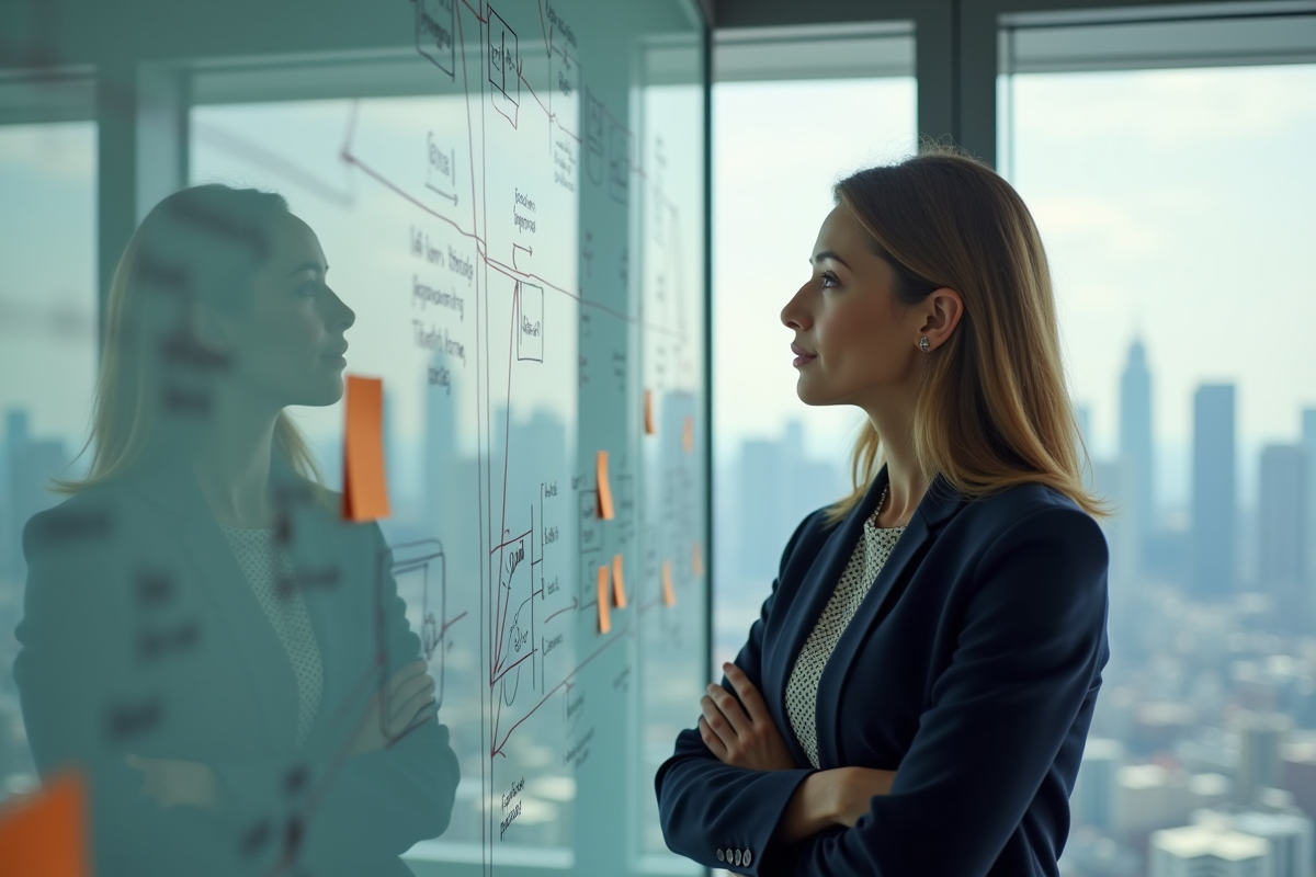 Femme réfléchissant devant un tableau blanc stratégique