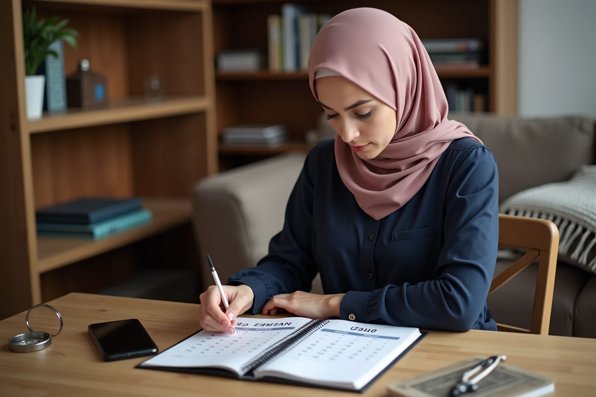 Jeune femme musulmane consultant le tableau des heures de prière du ramadan 2026 à Toulouse