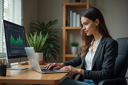 Jeune femme concentrée sur son ordinateur dans un bureau moderne