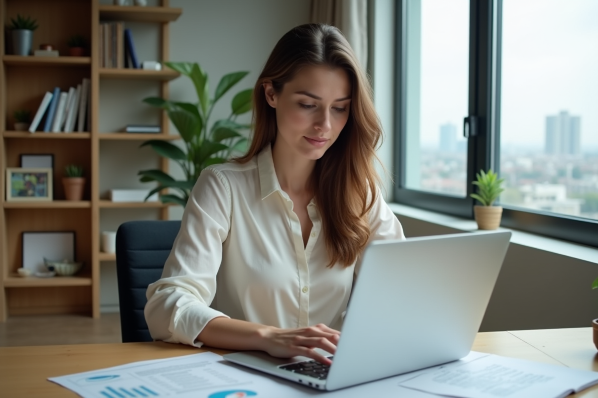 Femme d'affaires au bureau à domicile en train de revoir ses documents financiers