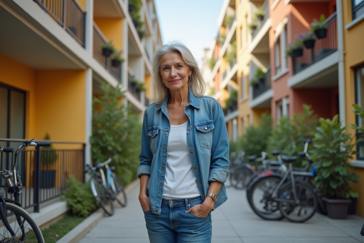Femme d'âge moyen dans un HLM coloré en milieu urbain