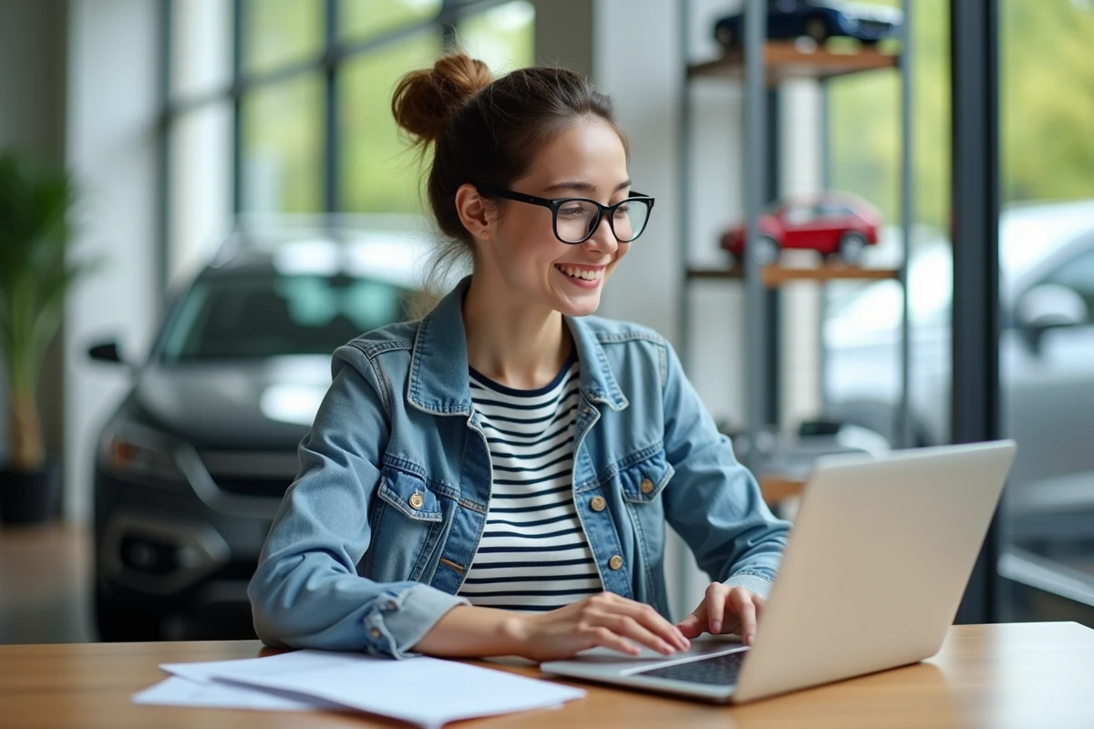 Jeune femme dans un bureau de concession auto en train d