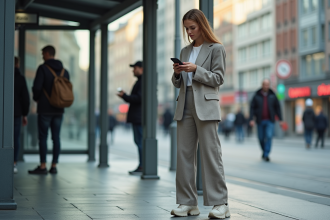 Femme en blazer oversized à la ville vérifiant son smartphone