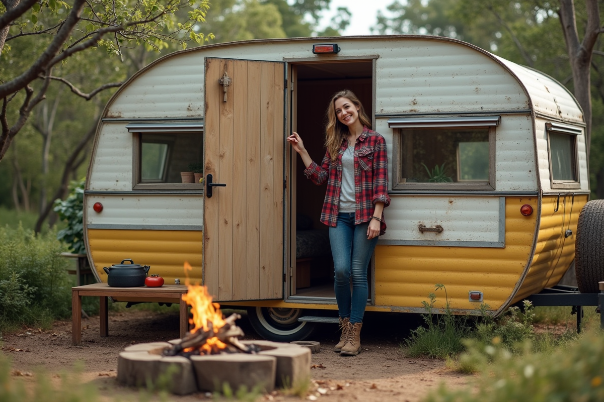 Jeune femme ouvrant une caravane écologique en nature