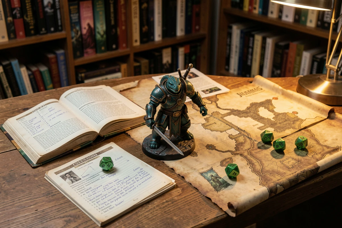 Miniature de guerrier reptilien armé évoquant le Dromoy de World of Warcraft sur un bureau de jeu de rôle