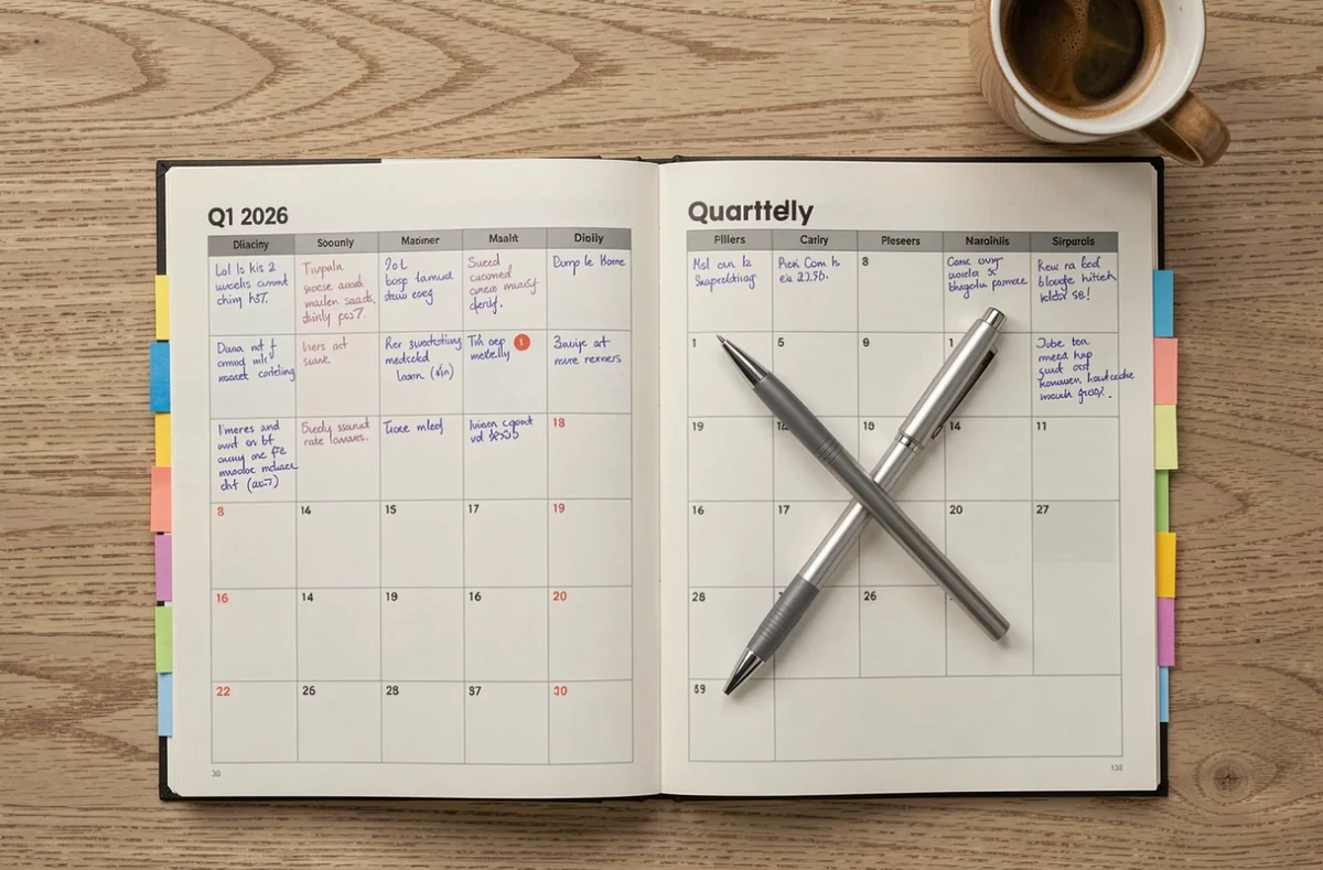 Vue aérienne d'un planning trimestriel 2026 posé sur un bureau en chêne avec stylo et café