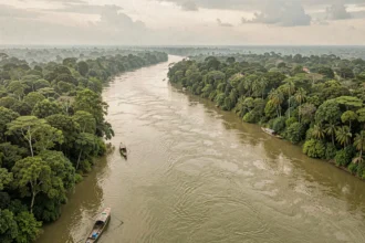Vue aérienne d'un immense fleuve tropical sinuant à travers la forêt amazonienne, avec des eaux boueuses et une végétation dense à perte de vue