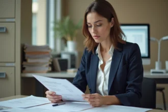 Fonctionnaire de catégorie C en train d'examiner des grilles salariales de la fonction publique dans un bureau administratif