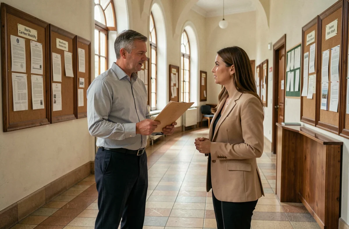 Deux fonctionnaires discutant de stratégies de mobilité professionnelle dans un couloir administratif