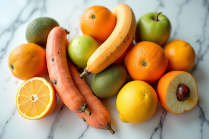 Arrangement coloré de fruits Y sur un plan de travail en marbre
