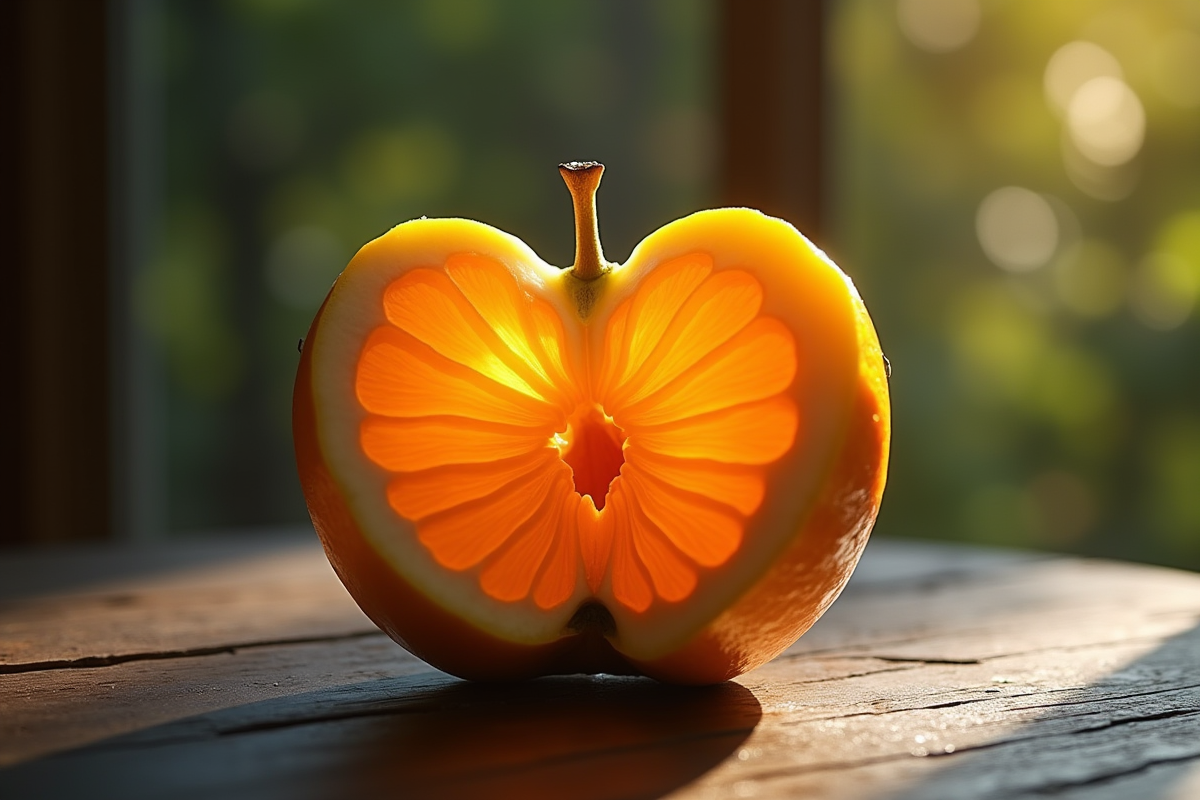 Fruit Y coupé révélant son intérieur vif sur une table en bois