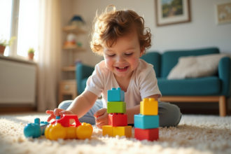 Garçon de 4 ans jouant avec des blocs colorés dans le salon