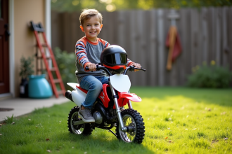 Garçon souriant sur une moto tout-terrain neuve dans un jardin