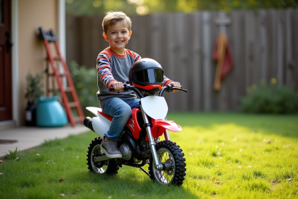 Garçon souriant sur une moto tout-terrain neuve dans un jardin