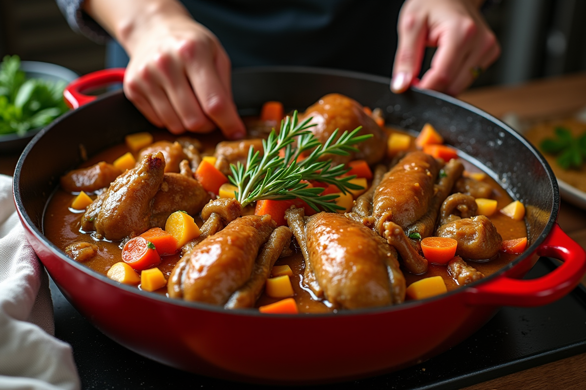 Mains du chef garnissant un ragoût de lapin en sauce cidre