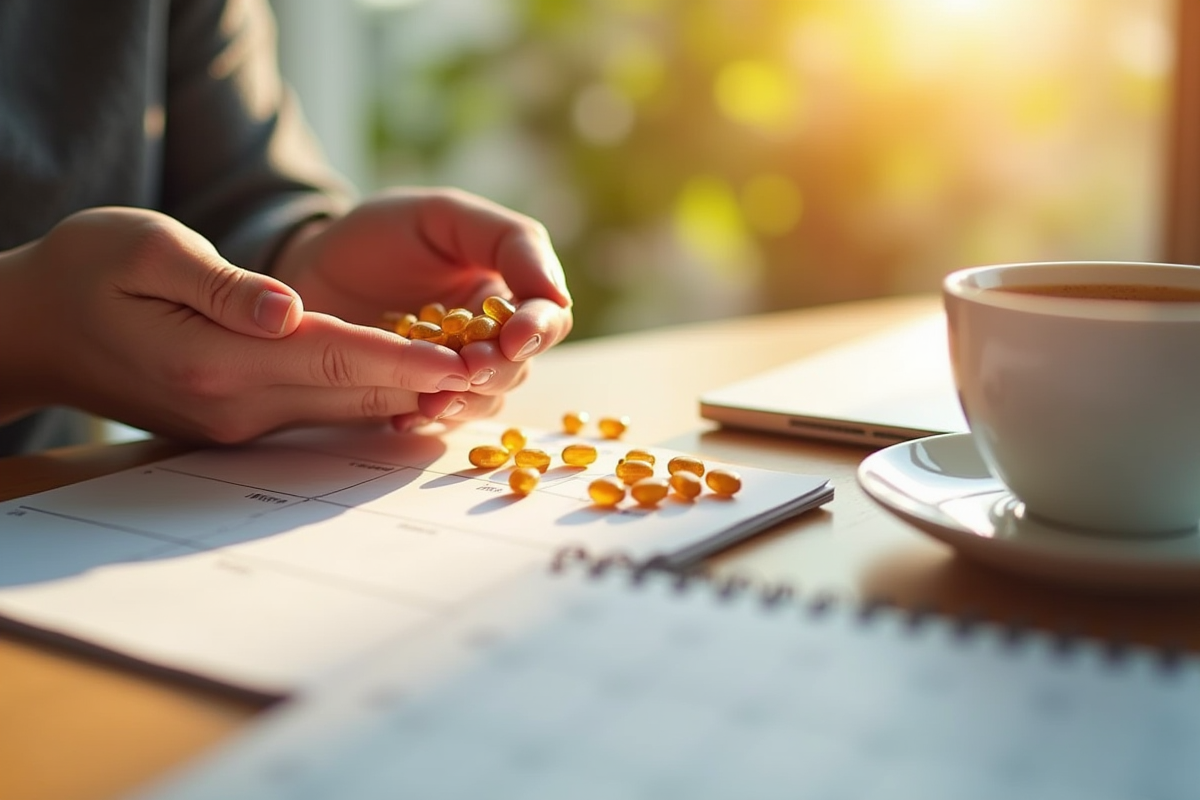 Mains tenant des gélules de vitamine D avec calendrier et café au matin