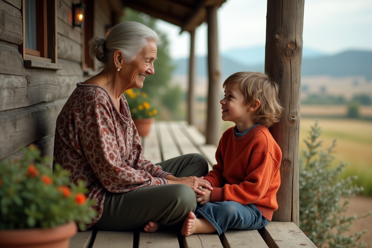 Grand mère et enfant discutant sur une veranda rurale