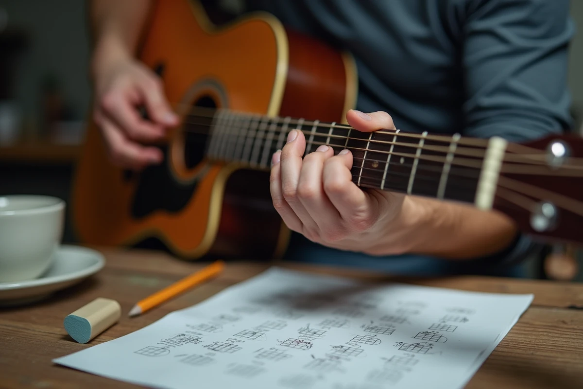 Gros plan sur les mains d'un guitariste plaçant des accords sur le manche d'une guitare acoustique avec une grille d'accords et paroles en arrière-plan flou