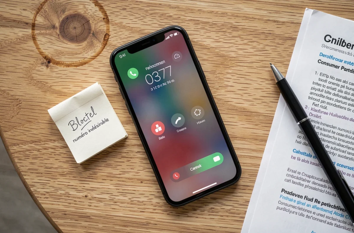 Gros plan sur un smartphone affichant un appel entrant d'un numéro 0377 avec des notes manuscrites sur Bloctel et les numéros indésirables