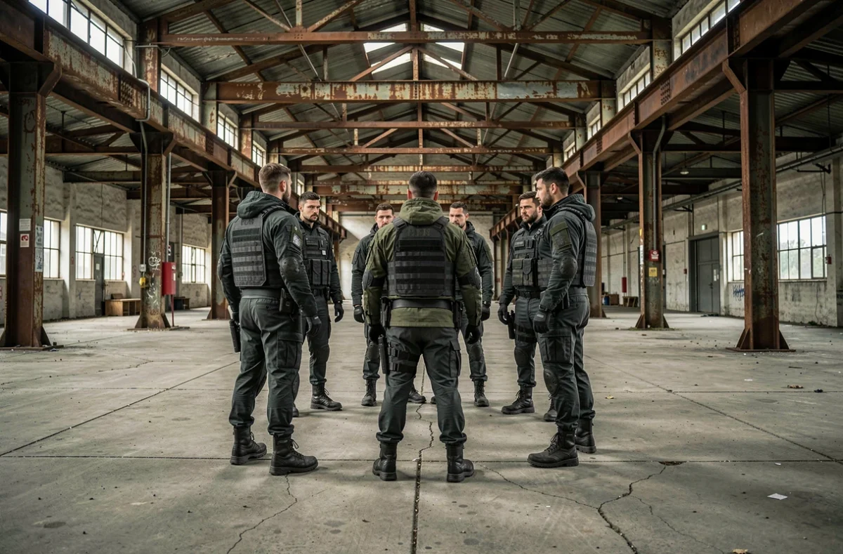 Groupe de personnages mystérieux en tenue sombre dans un entrepôt industriel abandonné symbolisant la troupe des araignées écarlates de HxH