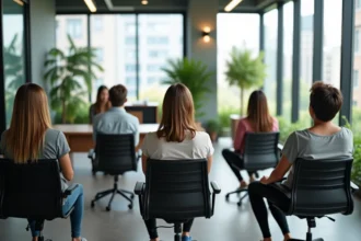 Groupe de collègues pratiquant le Pilates en entreprise