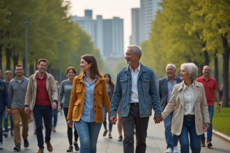 Groupe divers d'âges dans un parc urbain animé