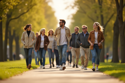 Groupe de personnes marchant dans un parc ensoleille